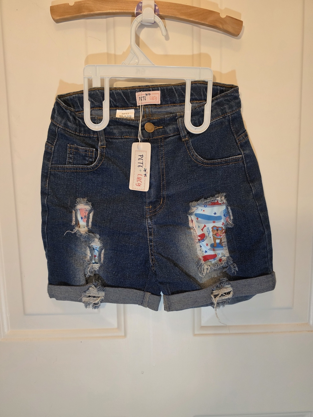 "RED WHITE & BLUE CREW" Denim Distressed Shorts 10/12